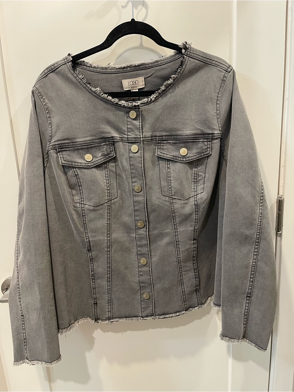 LOGO Frayed Edge Grey Denim Jacket sz 18W